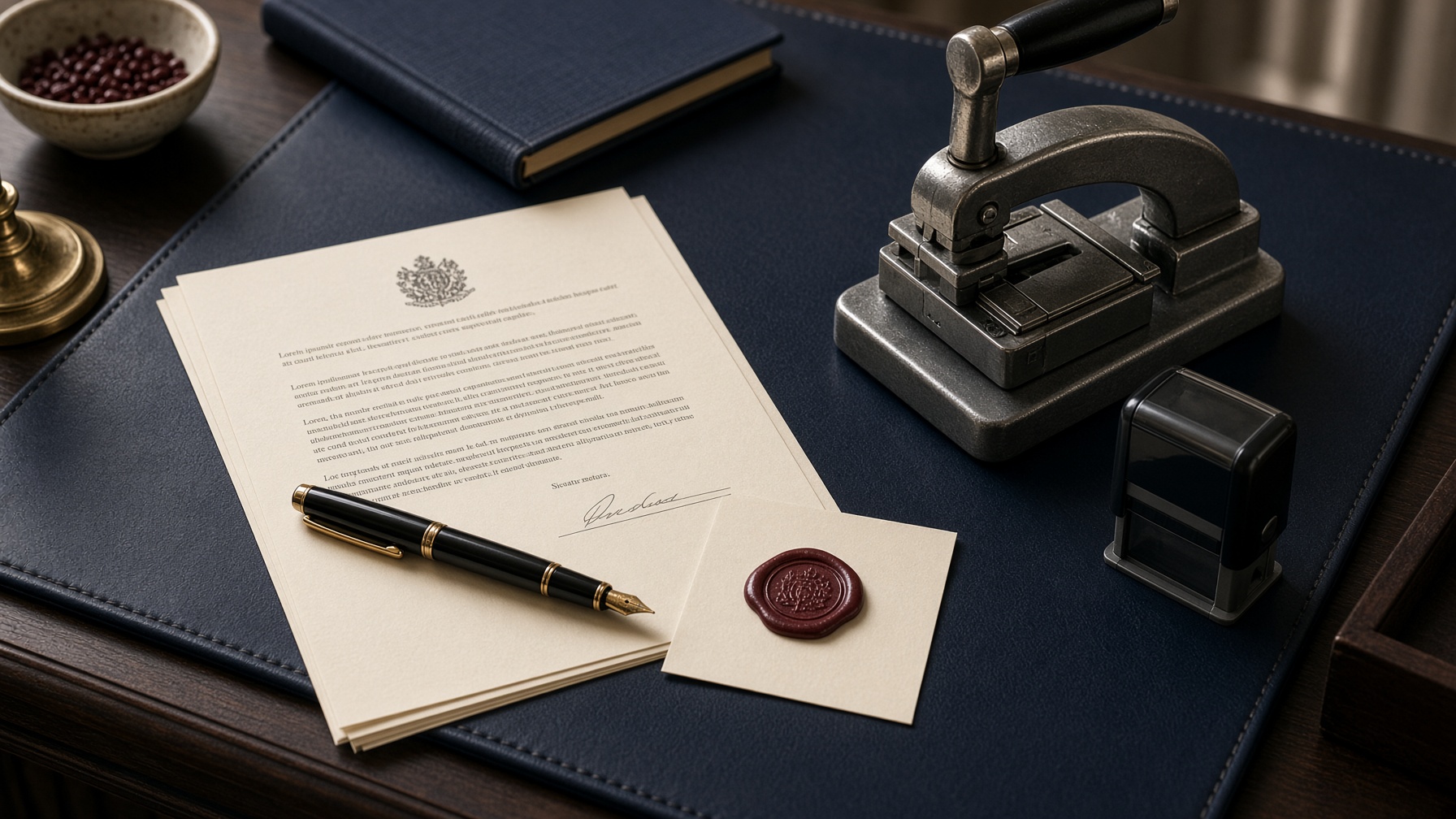 Notary desk with embosser, journal, stamp, and legal papers
